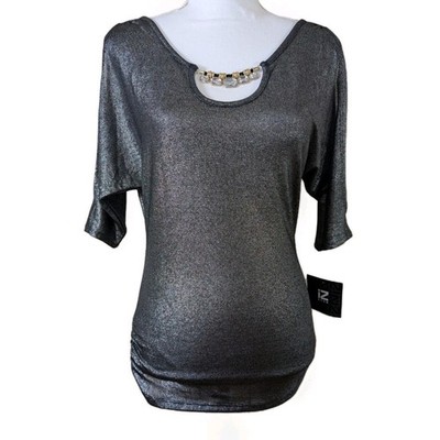 IZ Byer Top Womens S Black Metallic Cold Shoulder Jewel Neck Party