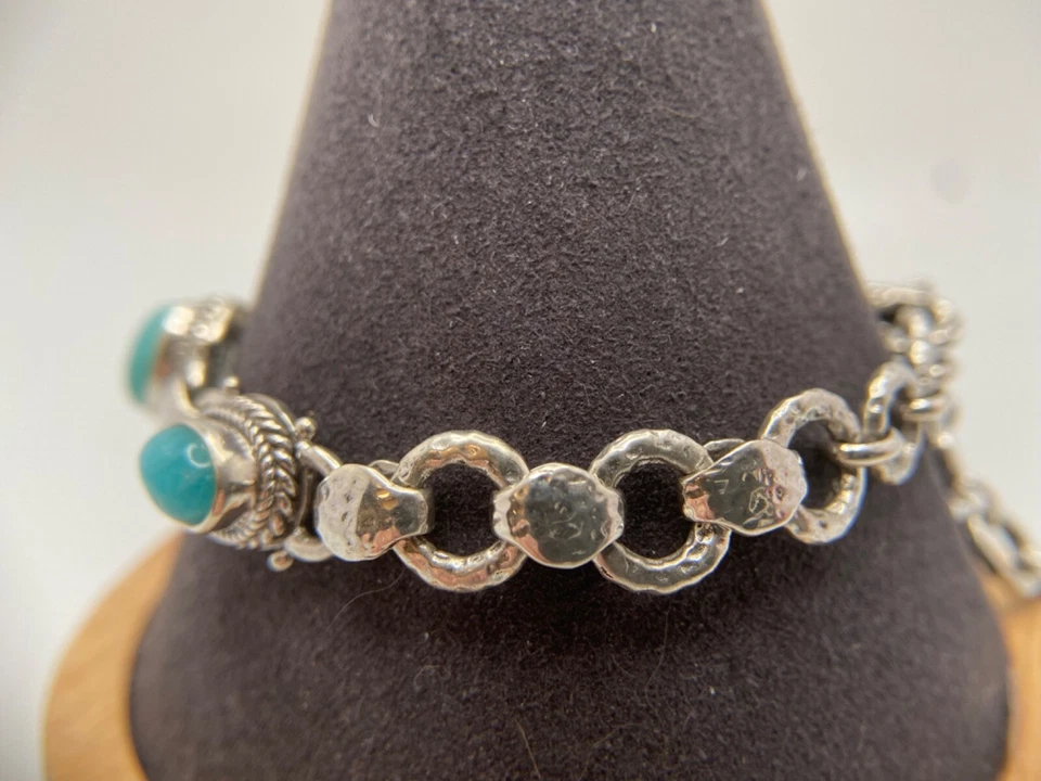 Sarda, Bali hecho a mano, esterlina y amazonita de 3 piedras, pulsera de eslabones, cierre de langosta Foto 3 de 4