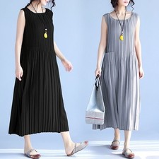 Femme Robe De Soleil Mousseline Plissé Solid Poche Sans Manche Surdimensionné