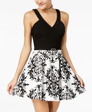  269 Crystal Doll Womens Juniors Black White V-Neckline Fit  Flare Dress Size 3