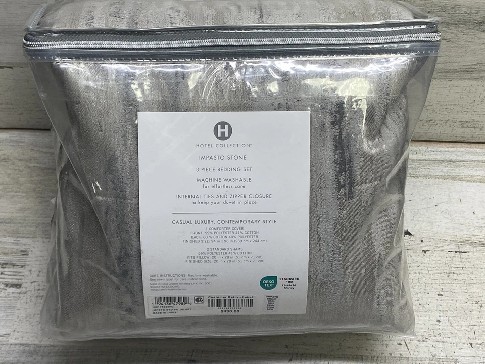 Hotel Collection Impasto Stone Full / Queen Duvet Cover & Sham 3pc Set Gray New - Image 4 of 4