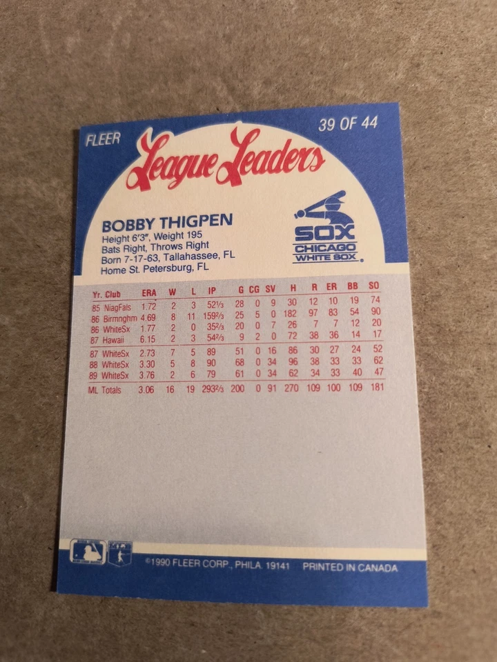 BOBBY THIGPEN 1990 FLEER LEAGUE LEADERS #39 OF 44 FREE SHIPPING - Image 2 of 2