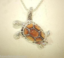 34MM 925 STER SILVER GENUINE INLAID KOA WOOD HAWAIIAN HONU SEA TURTLE PENDANT