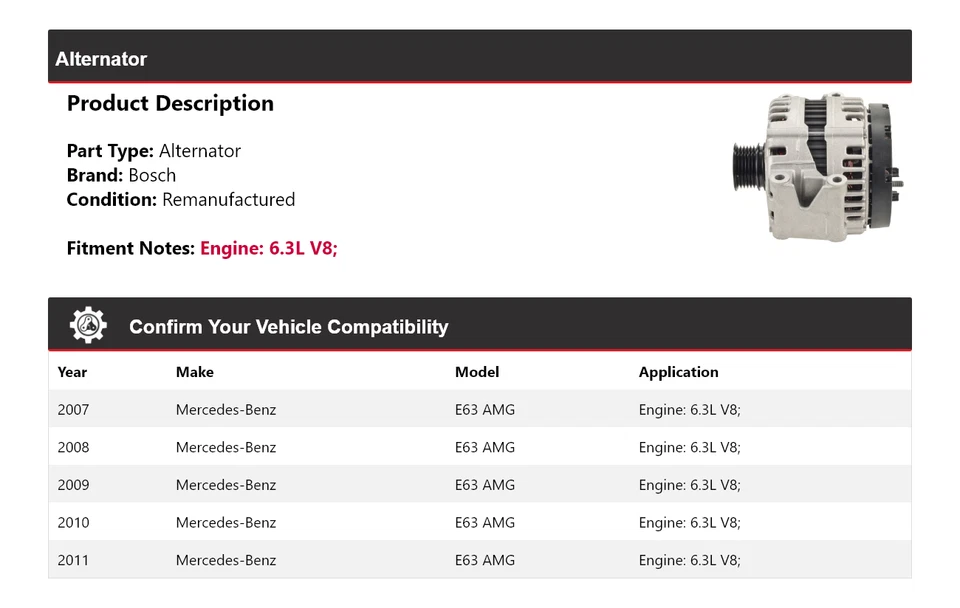 Alternador Bosch para Mercedes E63 AMG 2007-2011 6,3 L V8 (remanufacturado) 2008 Foto 2 de 4