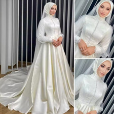 Muslim Wedding Dresses Lace Puff Sleeves Button High Neck Satin Bridal Gowns