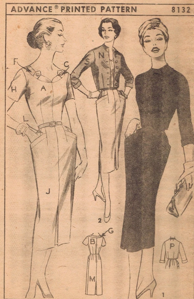 Uncut 1956 Advance Pattern 8132 Sheath Wiggle Dress 16.5 Jacket 37-31-41 FF - Image 3 of 4