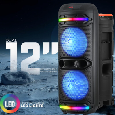 Dual 12'' Bluetooth Speaker Sub Woofer Powerful Bass Portable Party Mic LED TWS