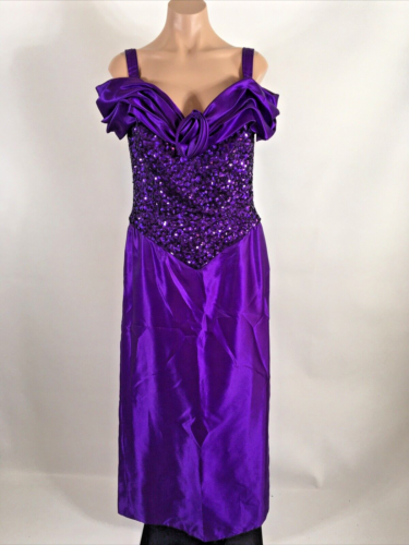 Vintage80s Mike Benet purple sequin satin puff sleeve bridesmaid Evening Gown - Afbeelding 1 van 9