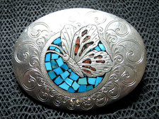 WESTERN BUTTERFLY TURQUOISE CORAL INLAY BELT BUCKLE VINTAGE RARE HANDMADE 70s