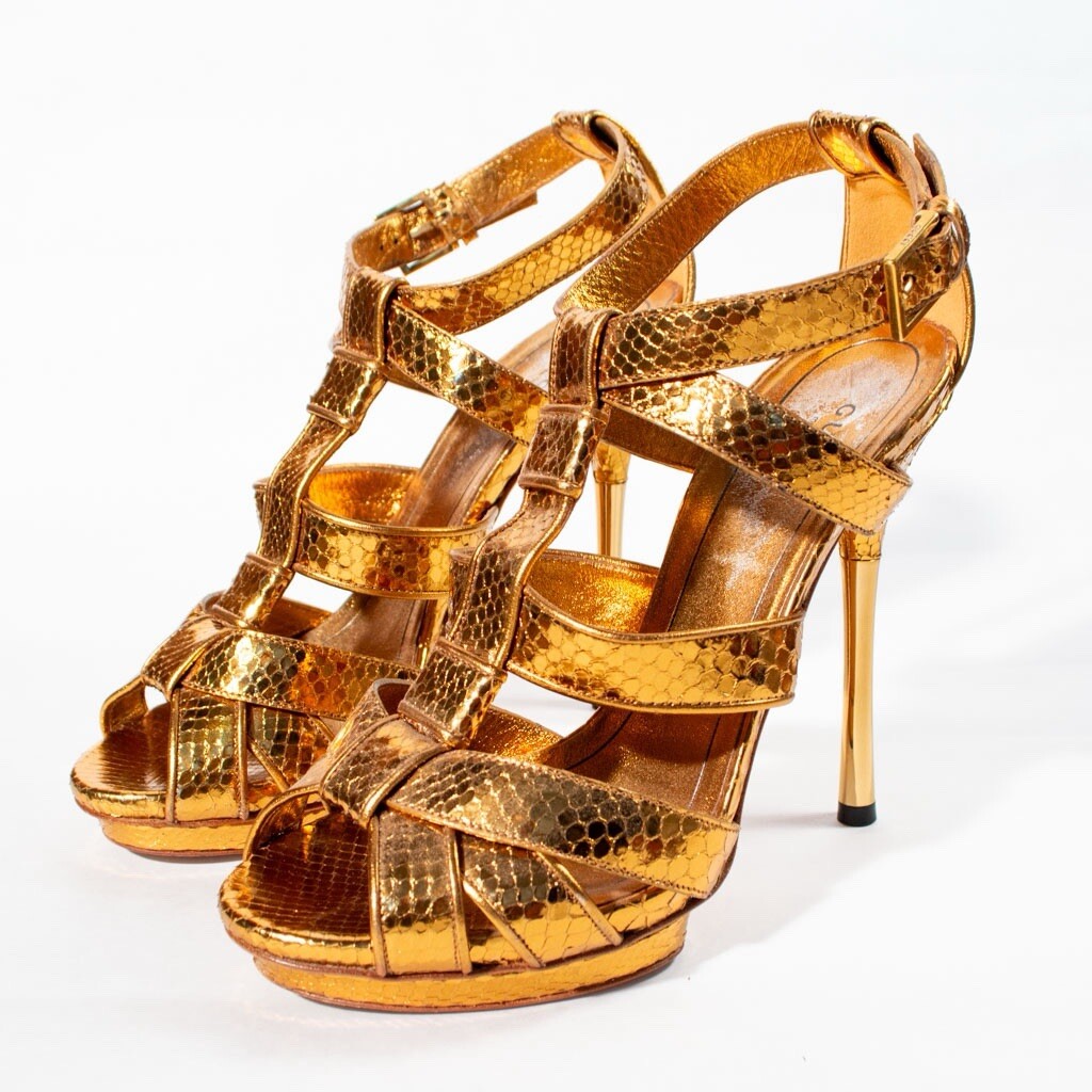 GUCCI • Runway Metallic Gold Python Stiletto Cross Strap Platform Heels Sz  37