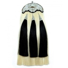 Scottish Chrome Plate White Horse Hair Sporran 3 Black Tassels Kilt Sporran