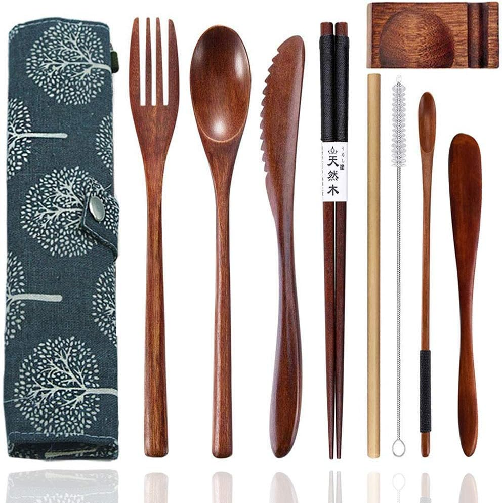 Bamboo Utensils for Eating Reusable Wooden Travel Flatware Set with Case 9 Pcs D