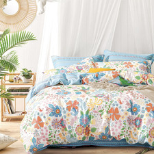 Blue Floral Cotton Comforter Queen Size - Vibrant Artistic Blooms Boho Geometr