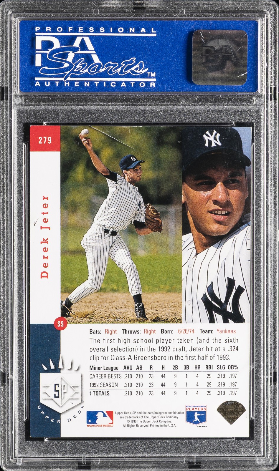 1993 SP FOIL #279 DEREK JETER ROOKIE RC PSA 8 view 2