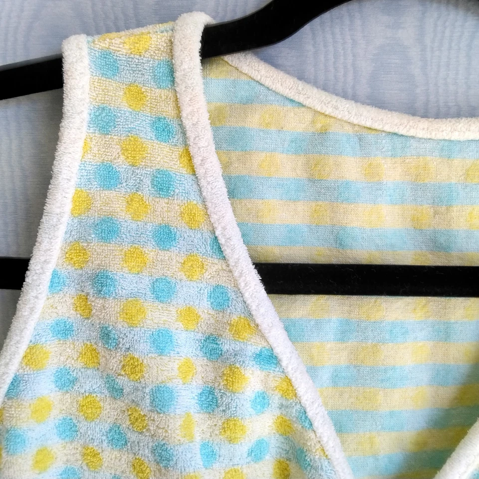 Vtg 70s Large Terry Cloth Crop Top Polka Dot Pastel Retro Festival Blue Yellow  - Image 2 of 4