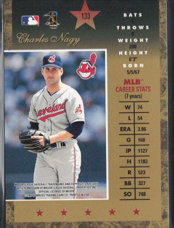 1997 Donruss Elite Stars Gold Charles Nagy Baseball Card #133 - Image 2 of 2