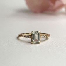 Natural Green Amethyst Ring Emerald Cut Dainty Ring 925 Sterling Silver Birthsto