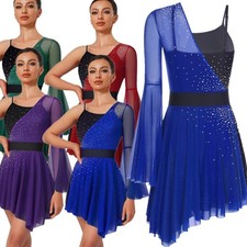 Women One Piece Leotard Dress Stage Dancewear Contemporary Skirt Modern Shiny