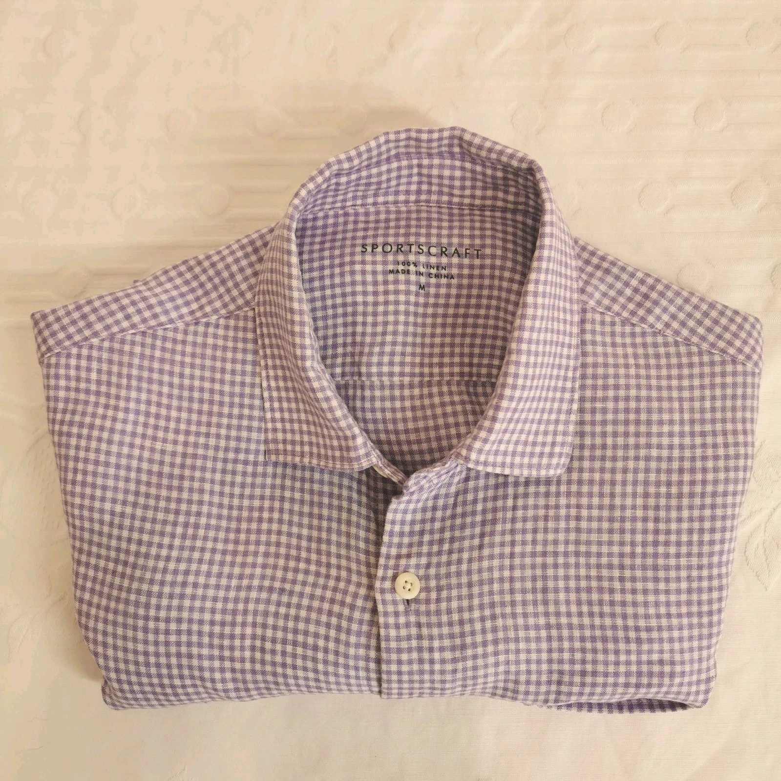 Sportscraft Short Sleeve Linen Shirt Mens Size M Collar Button-up Purple Check