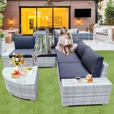 6pcs Patio Furniture Set Rattan Sectional Sofa Set Outdoor & Indoor Gray & Black