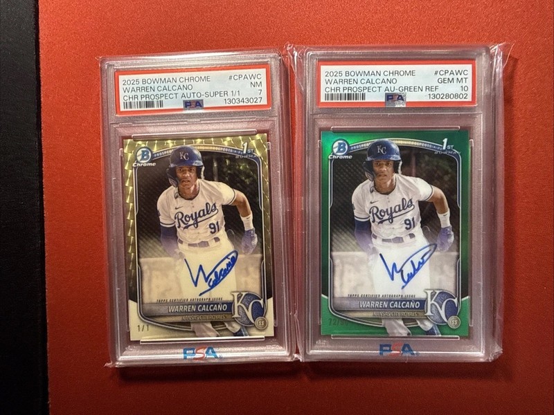 25 Bowman Chrome 1st Prospect Auto Super 1/1 And Green /99 - Warren Calcano PSA