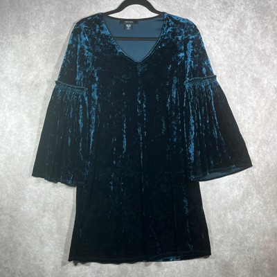 Karen Kane Skater Dress Womens XS Blue Crushed Velvet Bell Sleeve Witchy Gothic