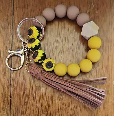 Sunflower Tasseled Beaded Bracelet Key Chain Yellow Brown for Women