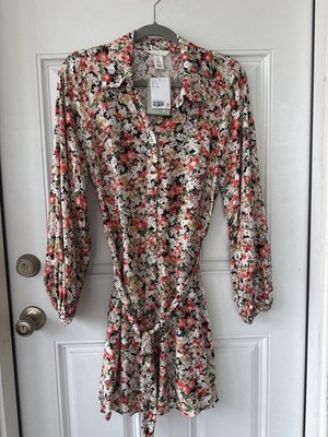 H&M Women s dress S Collared Long Sleeve Button Front Belted Floral Multi