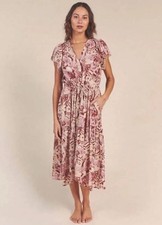 NWT TROVATA Floral Midi Dress S-M Red Wine Tiered Ruffle Sleeve $358 New