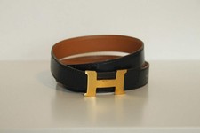 Hermes Vintage Constance "H" Belt - Black and Gold Buckle