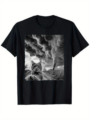 Funny Cat Selfie Tornado Storm Graphic Tee - Black Unisex Short-Sleeve T-Sh
