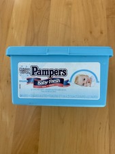 VTG 1998 Pampers Baby Wipes Container Baby Fresh Aloe Blue Empty prop Read Ad