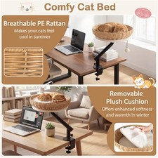 360  Rotating Desk Cat Bed Perch 2-in-1 Rattan Hammock w/ Cushion Jingling ball