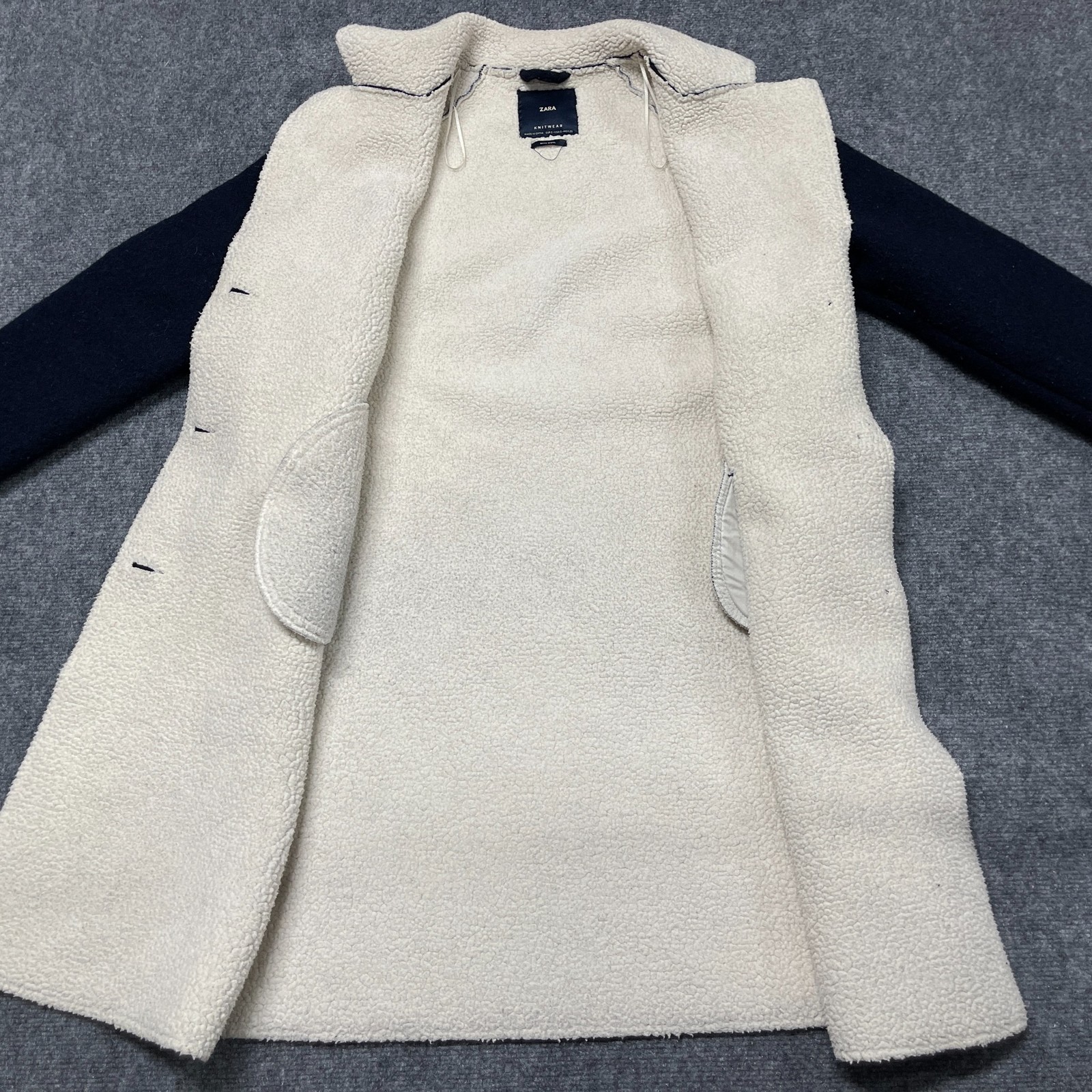 Zara Knitwear Long Coat Womens Small Navy Blue Wool Sherpa Lined Button Front image 5