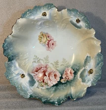 RS Prussia Antique Porcelain 10" Serving Bowl Pink Roses c.1900 Gold Trim