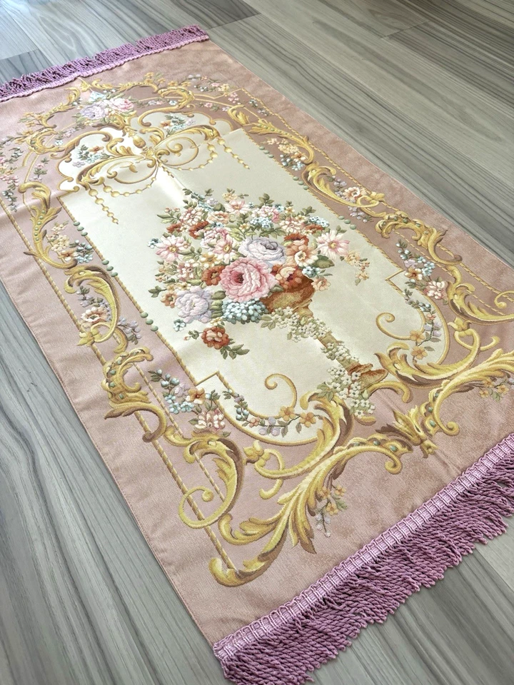 Florero floral rosa y dorado alfombra de oración turca 48x26 - viscosa seda seccada alfombra regalo Foto 2 de 4