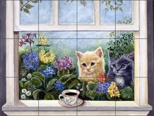 Tile Mural Backsplash Ceramic Paterson Kittens Coffee Cat Art CPA010