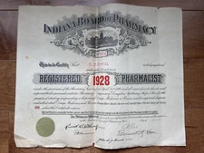 1928 Antique State of Indiana Board of Pharmacy License Apothecary