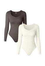 OQQ Two Piece Bodysuits Size Small Sexy Ribbed One Piece Curved Neck Long Sleeve