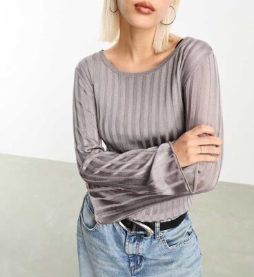 Weekday Enora knitted sheer rib sweater in grey XS UK