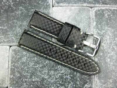 New 24mm Black Carbon Fiber Leather Watch Band Strap for PANERAI Short S White