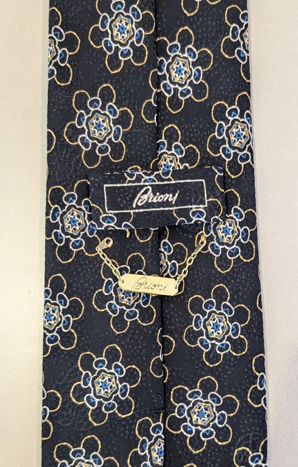BRIONI Silk Necktie Black with Blue and Gold Geometric Flower Pattern