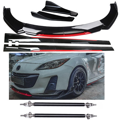 Front Bumper Lip Splitter + Side Skirt Glossy Black +Red For Mazda 2 3 6  C