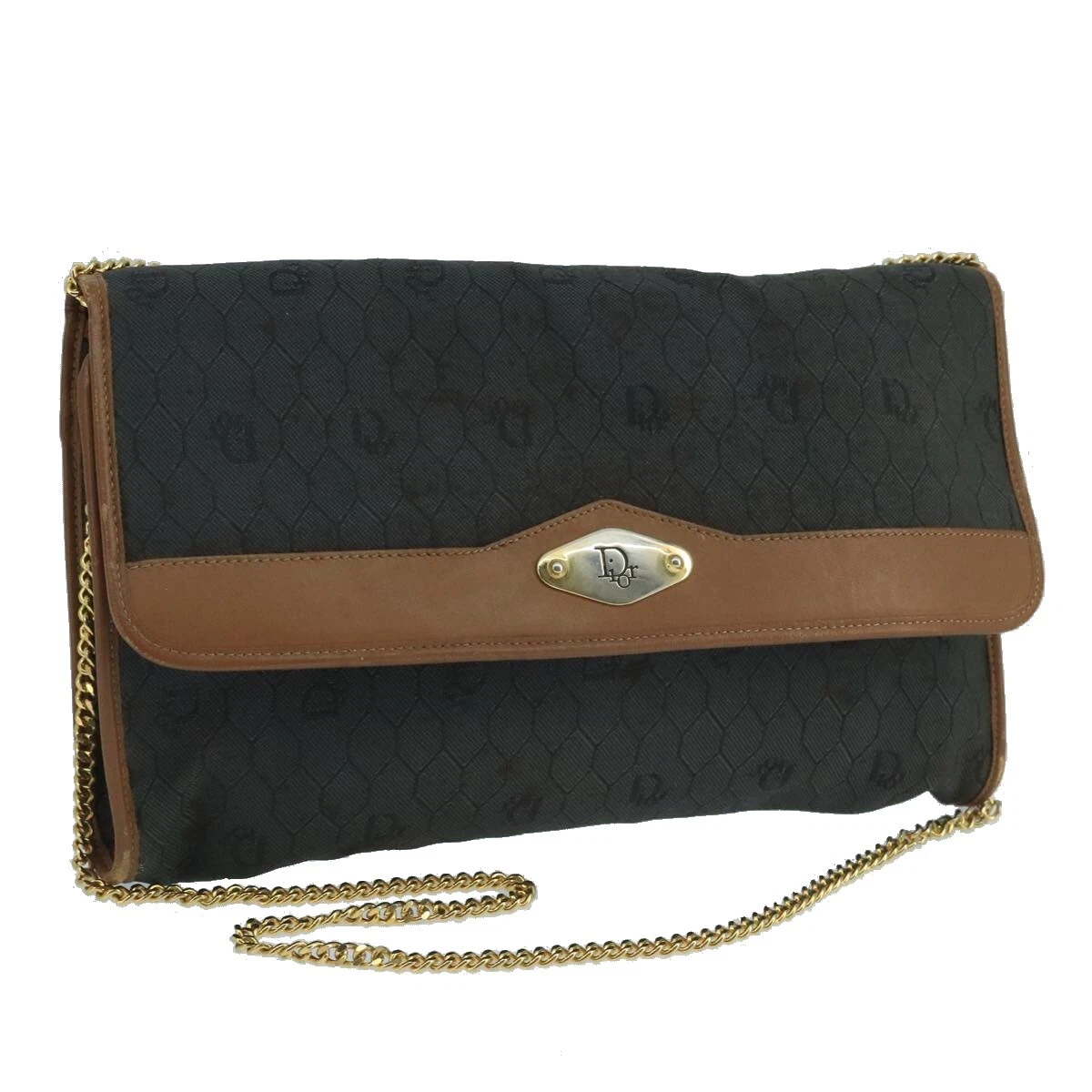 Christian Dior sac à bandoulière chaîne toile nid d'abeille PVC noir or authentique 104575