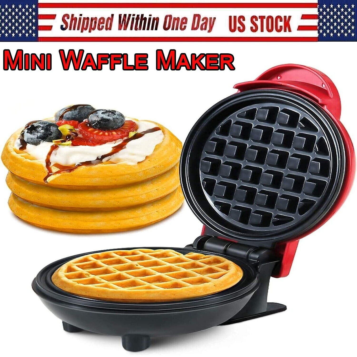 Electric Mini Waffle Maker Machine Round Non-stick Coating Grill **US...