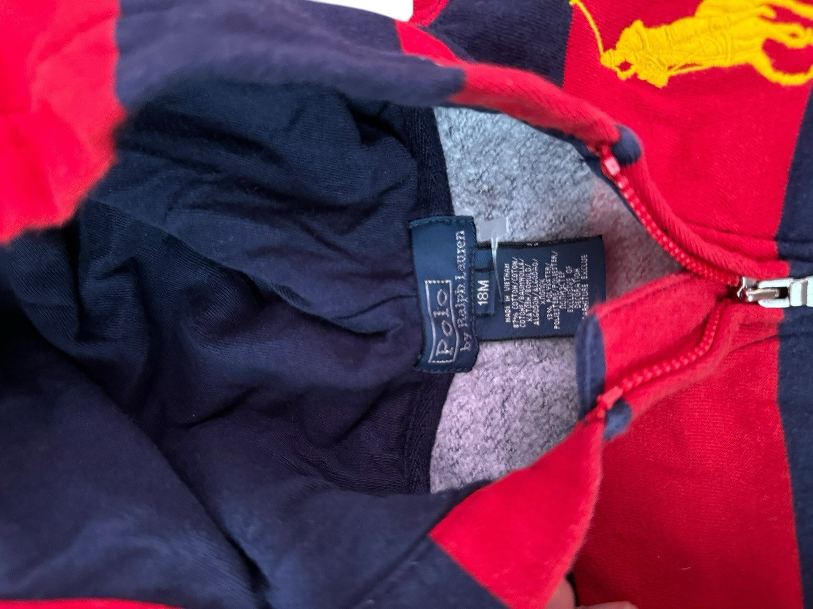 Polo Ralph Lauren Felpa con Cappuccio Zip Bambino 18M Rosso Blu Pony Big 3 Rugby RARA RAGAZZI