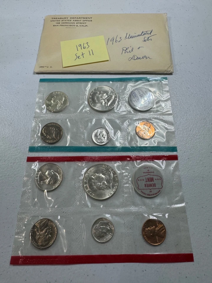 (1) 1963  US MINT SILVER P & D Set,  in all OGP,  w/ 90%  SILVER COINS,   SET 11 - Image 2 of 4