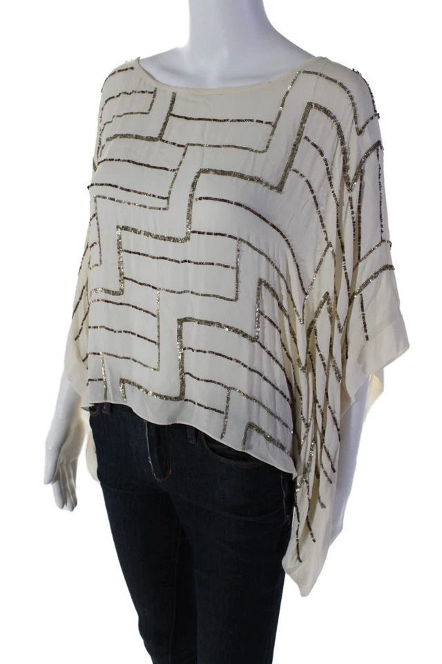 Blusa caftán parker para mujer con lentejuelas de seda adornada beige talla S Foto 2 de 4