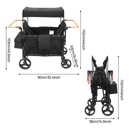 Foldable 4 Seater Wagon Stroller 4 Kids Push Pull Stroller Convertible w/Canopy - Bild 8 von 19