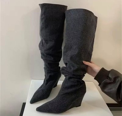 Hohe Stiefel Schwarze Spitze Wedges Niedrig Elegant Für Outfit Chic Mode CF51116